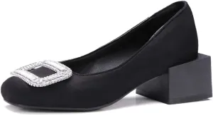 MIOKE Women's Square Toe Rhinestone Dress Pumps Retro Suede Slip-On Mid Heel Evening Party Wedding Shoes