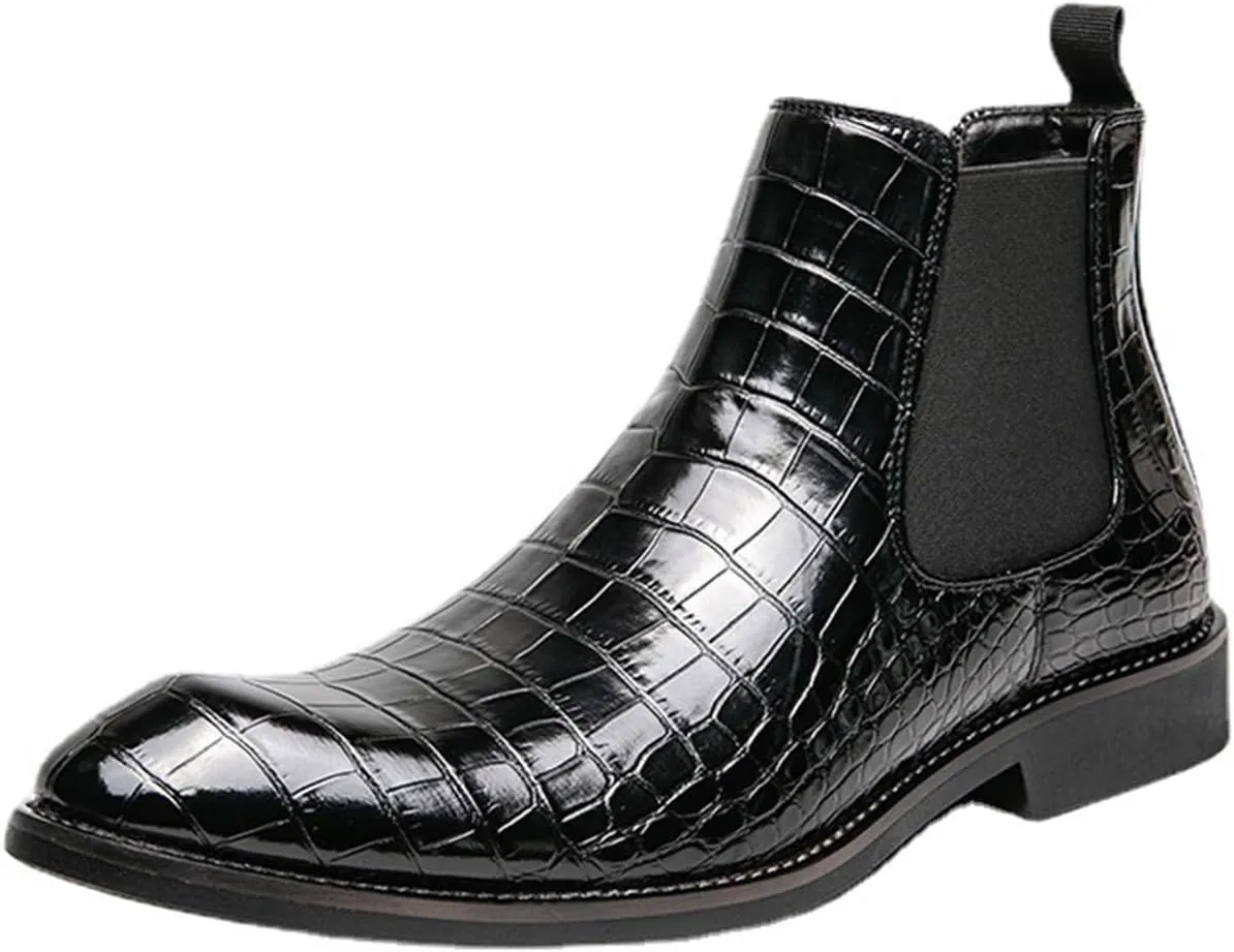 New Chelsea Boots for Men Round Toe Faux Crocodile Print Leather Wearable Non Slip On Casual Dress Boots