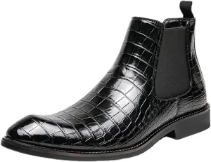New Chelsea Boots for Men Round Toe Faux Crocodile Print Leather Wearable Non Slip On Casual Dress Boots