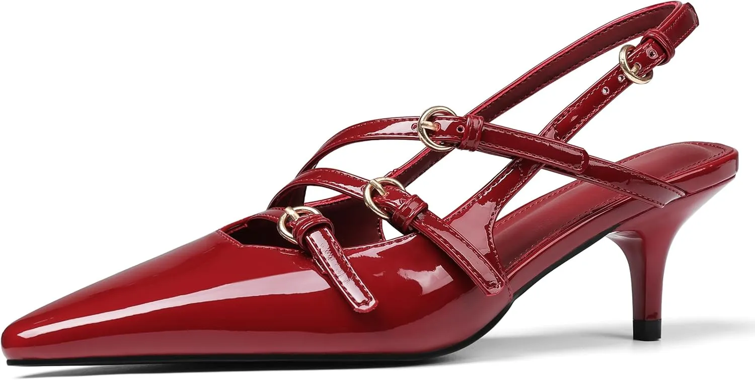 Oiamenne Slingback Kitten Heels for Women Pointed Toe with Buckle Strap Dress Work Heeled Pumps Shoes Stiletto Heels Sexy