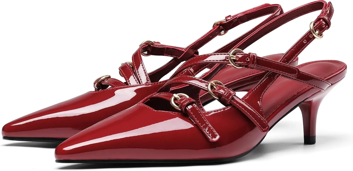 Oiamenne Slingback Kitten Heels for Women Pointed Toe with Buckle Strap Dress Work Heeled Pumps Shoes Stiletto Heels Sexy