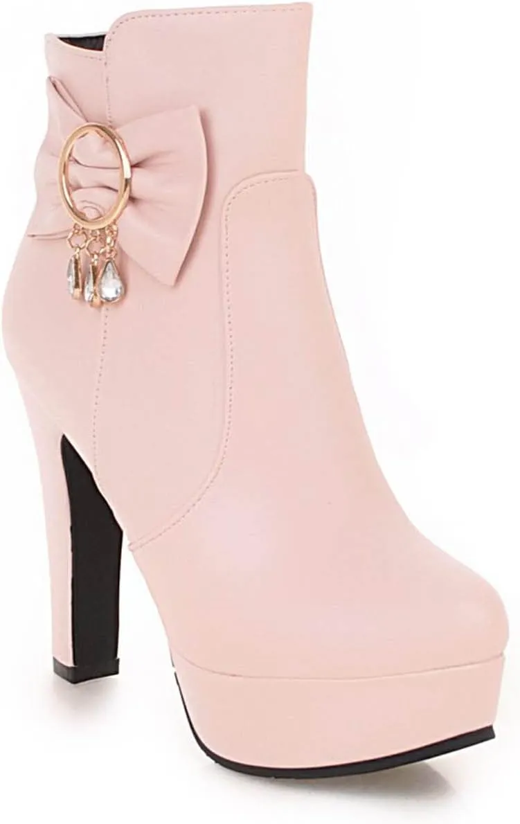 oiangi Women's High Heel Ankle Boots Platform Round Toe Bow Rhinestone Side Zipper Chunky Booties Winter Solid Waterproof Warm Outdoor Casual Shoes