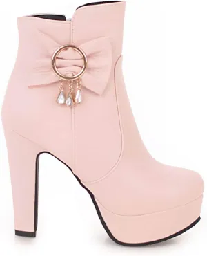 oiangi Women's High Heel Ankle Boots Platform Round Toe Bow Rhinestone Side Zipper Chunky Booties Winter Solid Waterproof Warm Outdoor Casual Shoes