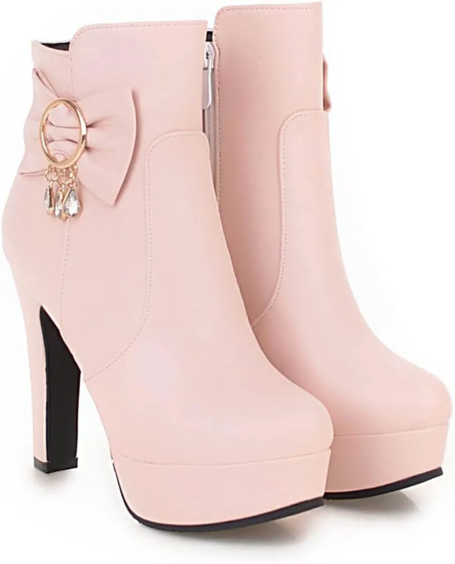 oiangi Women's High Heel Ankle Boots Platform Round Toe Bow Rhinestone Side Zipper Chunky Booties Winter Solid Waterproof Warm Outdoor Casual Shoes