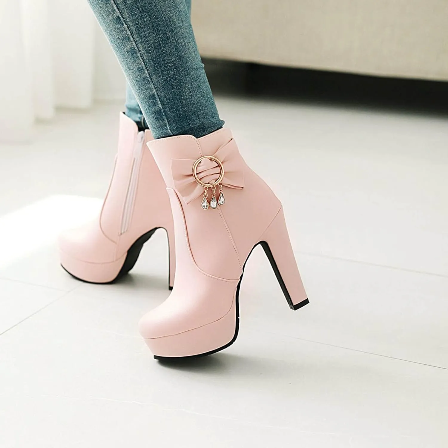 oiangi Women's High Heel Ankle Boots Platform Round Toe Bow Rhinestone Side Zipper Chunky Booties Winter Solid Waterproof Warm Outdoor Casual Shoes