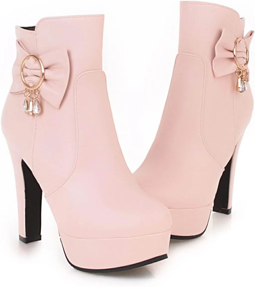 oiangi Women's High Heel Ankle Boots Platform Round Toe Bow Rhinestone Side Zipper Chunky Booties Winter Solid Waterproof Warm Outdoor Casual Shoes