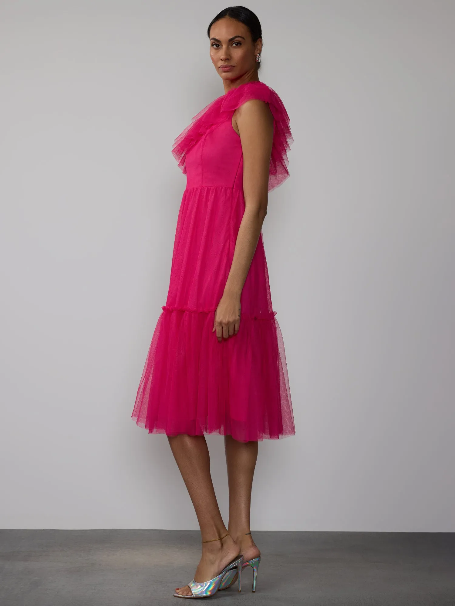 One Shoulder Ruffle Tulle Dress
