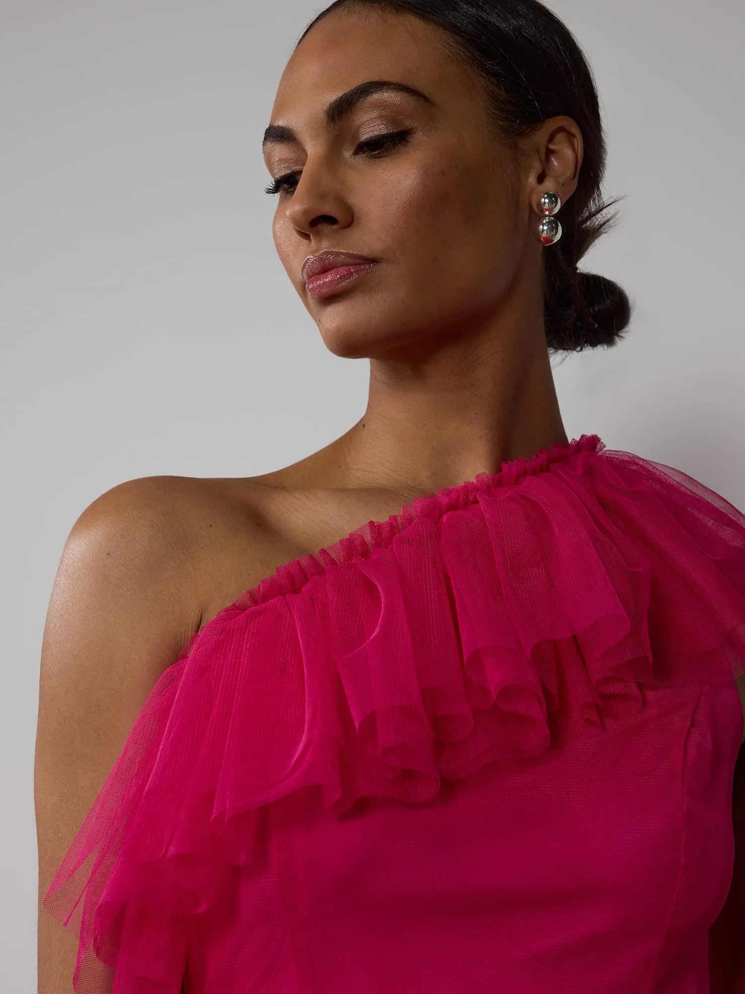 One Shoulder Ruffle Tulle Dress