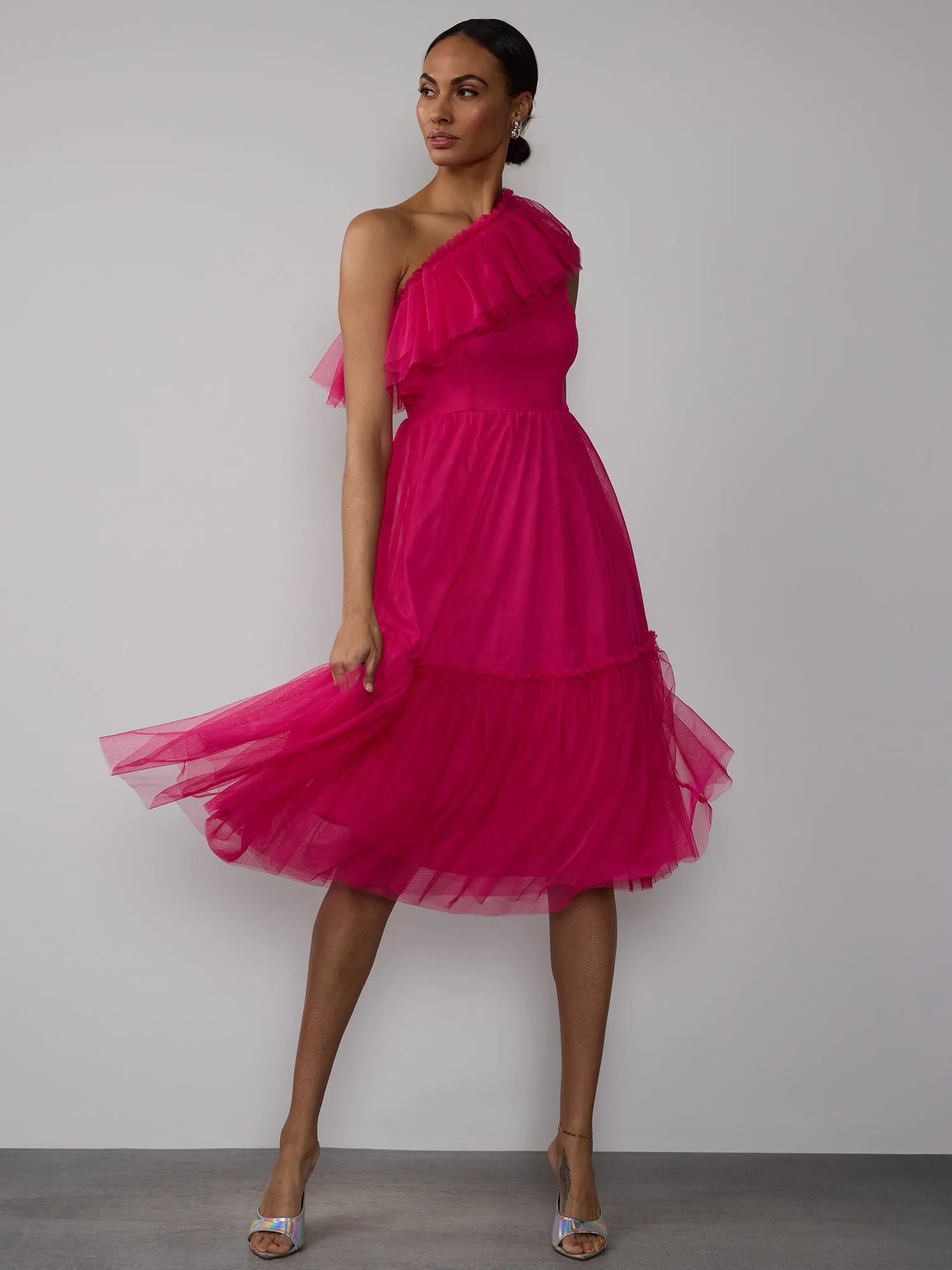 One Shoulder Ruffle Tulle Dress