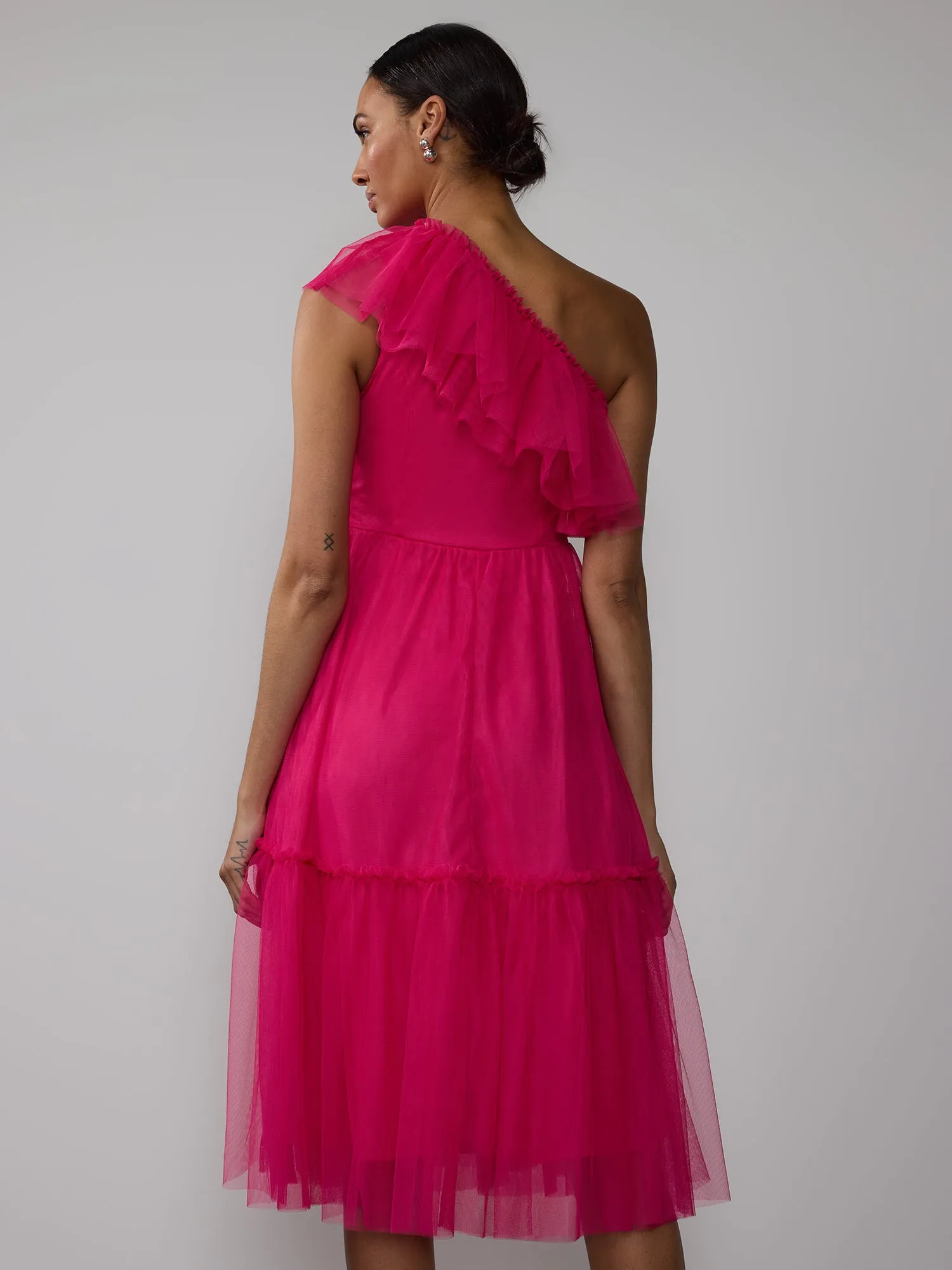 One Shoulder Ruffle Tulle Dress