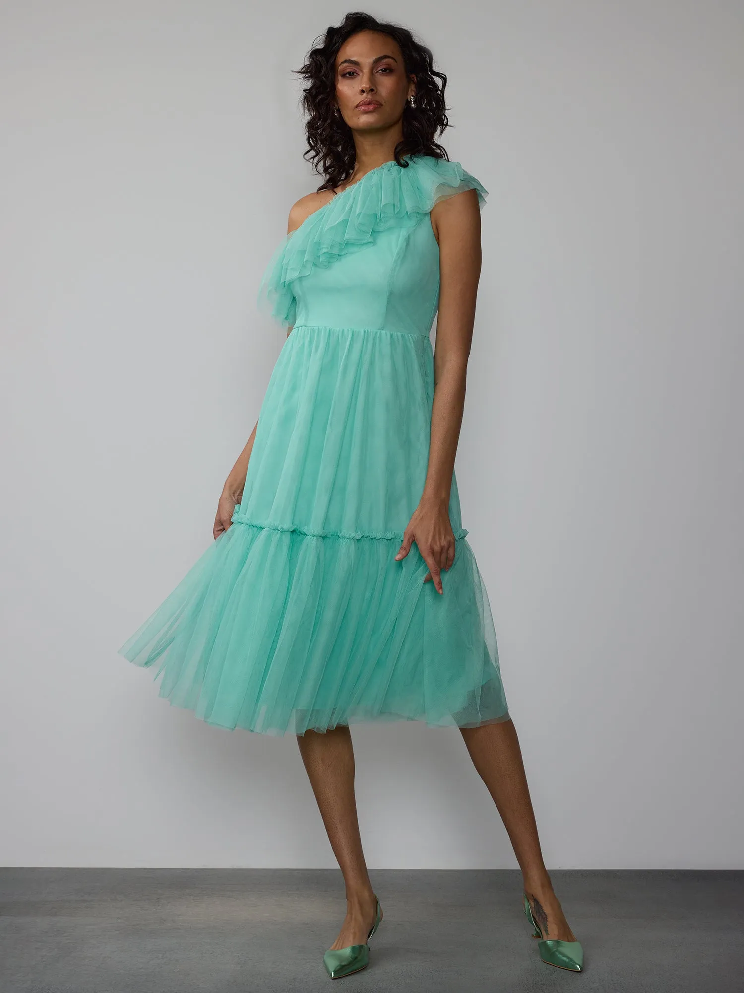 One Shoulder Ruffle Tulle Dress