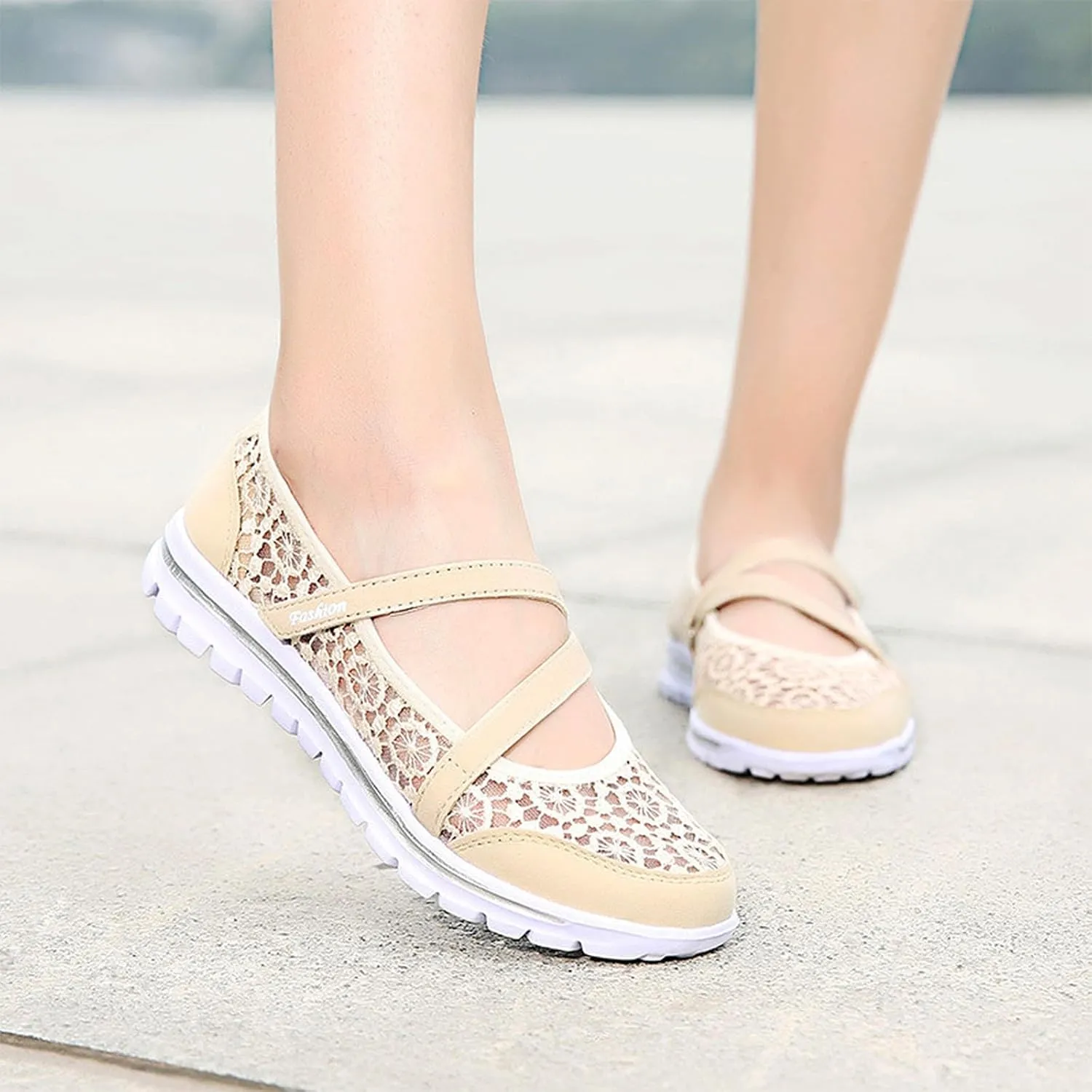 Optigard Women's Lace Mesh Adjustable Breathable Flat Walking Shoes Casual Non-Slip Lightweight Sneakers Comfortable Slip-On Shallow Mouth Mom Shoes Nurse Working Shoes Mary Jane Shoes