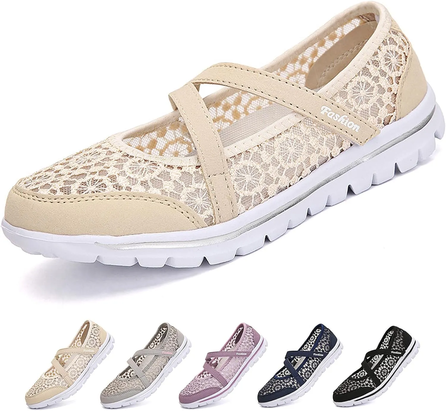 Optigard Women's Lace Mesh Adjustable Breathable Flat Walking Shoes Casual Non-Slip Lightweight Sneakers Comfortable Slip-On Shallow Mouth Mom Shoes Nurse Working Shoes Mary Jane Shoes