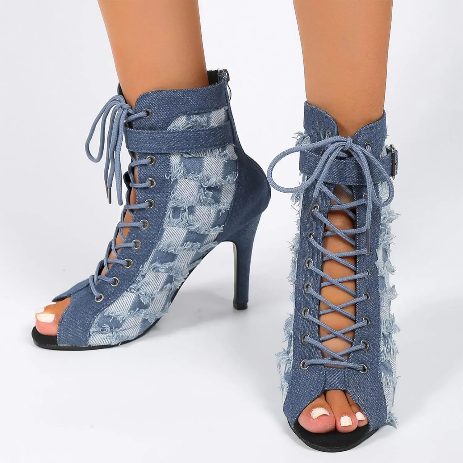 Optigard Women's Open Toe Denim Stilettos Heels Sandals,Heel Zipper Fashion Comfortable Lace-up Fish Mouth Sandals Evening Dress Party High Heels