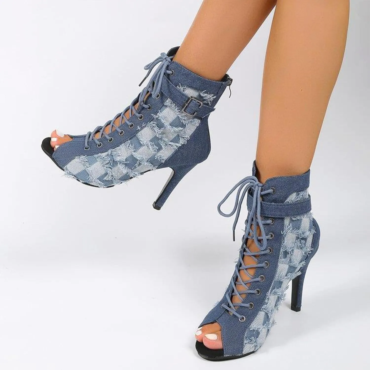 Optigard Women's Open Toe Denim Stilettos Heels Sandals,Heel Zipper Fashion Comfortable Lace-up Fish Mouth Sandals Evening Dress Party High Heels