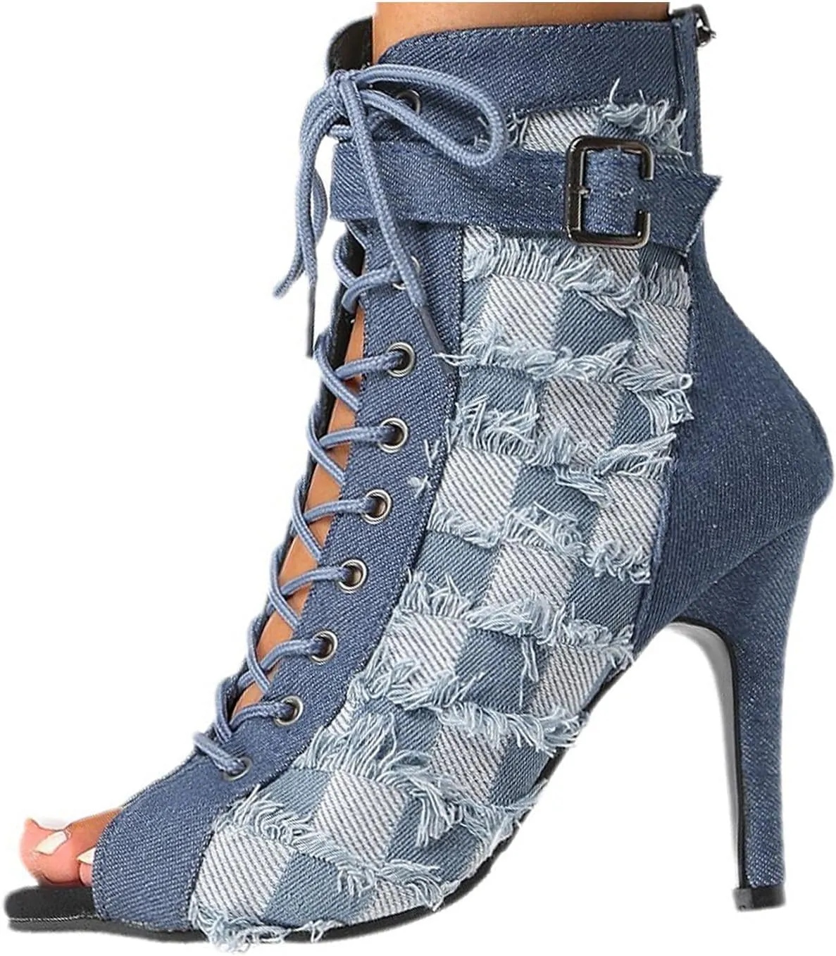 Optigard Women's Open Toe Denim Stilettos Heels Sandals,Heel Zipper Fashion Comfortable Lace-up Fish Mouth Sandals Evening Dress Party High Heels