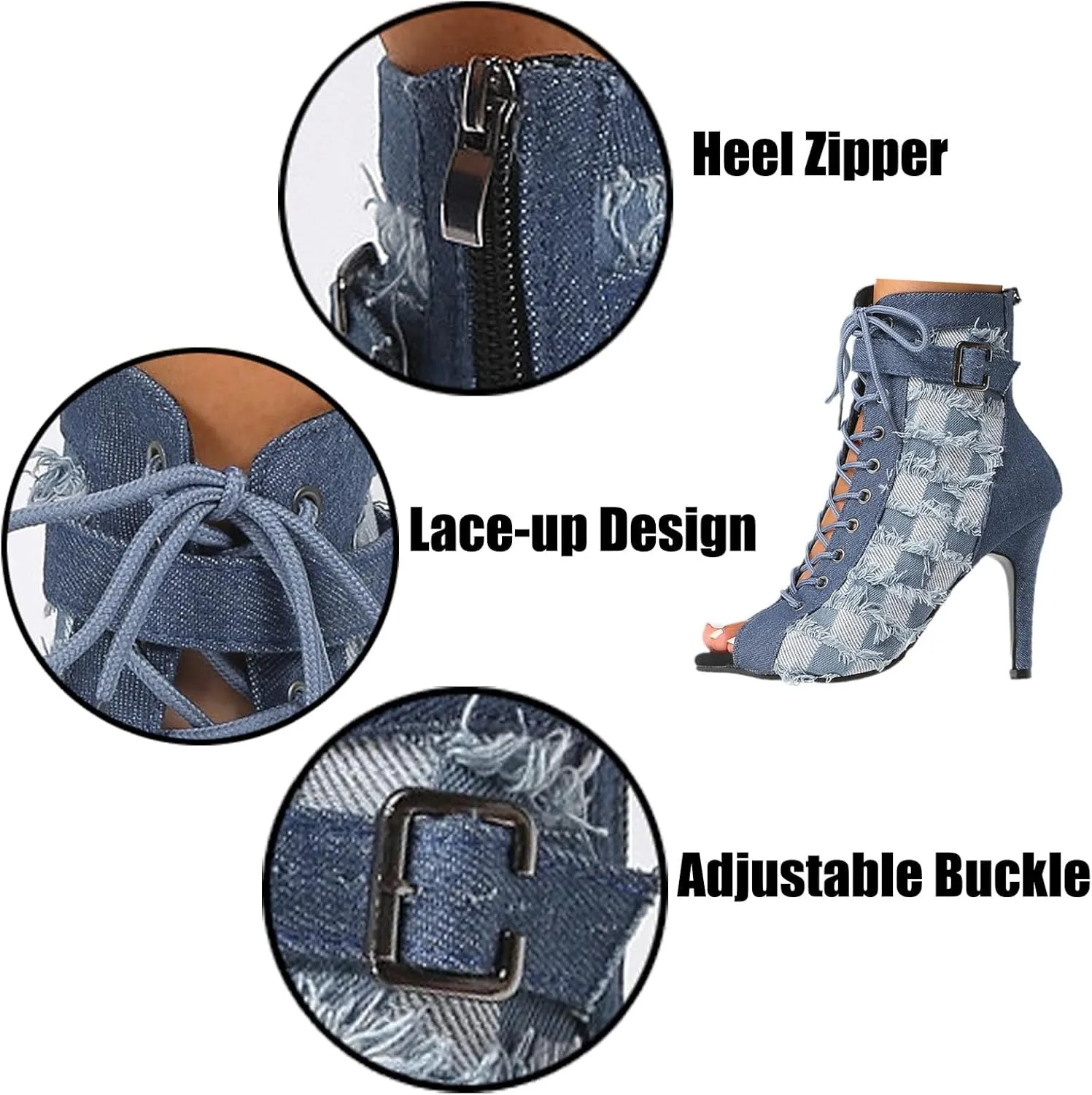 Optigard Women's Open Toe Denim Stilettos Heels Sandals,Heel Zipper Fashion Comfortable Lace-up Fish Mouth Sandals Evening Dress Party High Heels