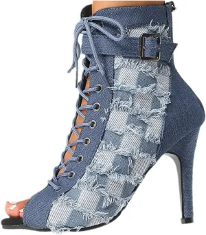 Optigard Women's Open Toe Denim Stilettos Heels Sandals,Heel Zipper Fashion Comfortable Lace-up Fish Mouth Sandals Evening Dress Party High Heels