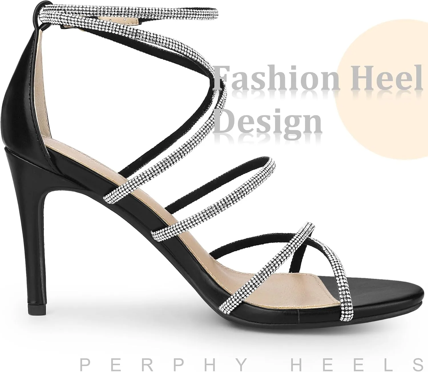 Perphy Open Toe Stiletto Heel Ankle Strap Strappy Rhinestone Heels Sandals for Women