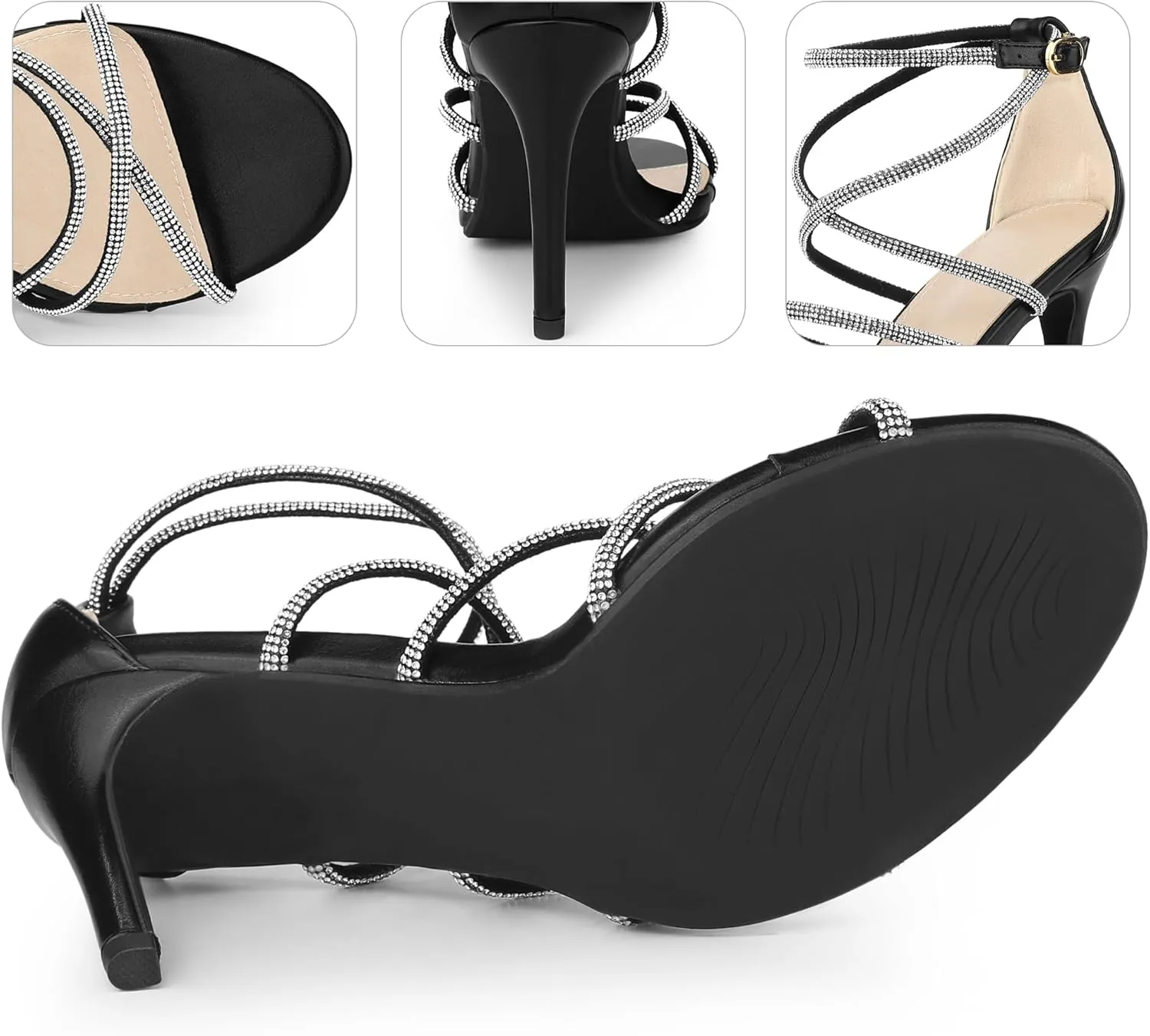 Perphy Open Toe Stiletto Heel Ankle Strap Strappy Rhinestone Heels Sandals for Women