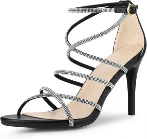 Perphy Open Toe Stiletto Heel Ankle Strap Strappy Rhinestone Heels Sandals for Women
