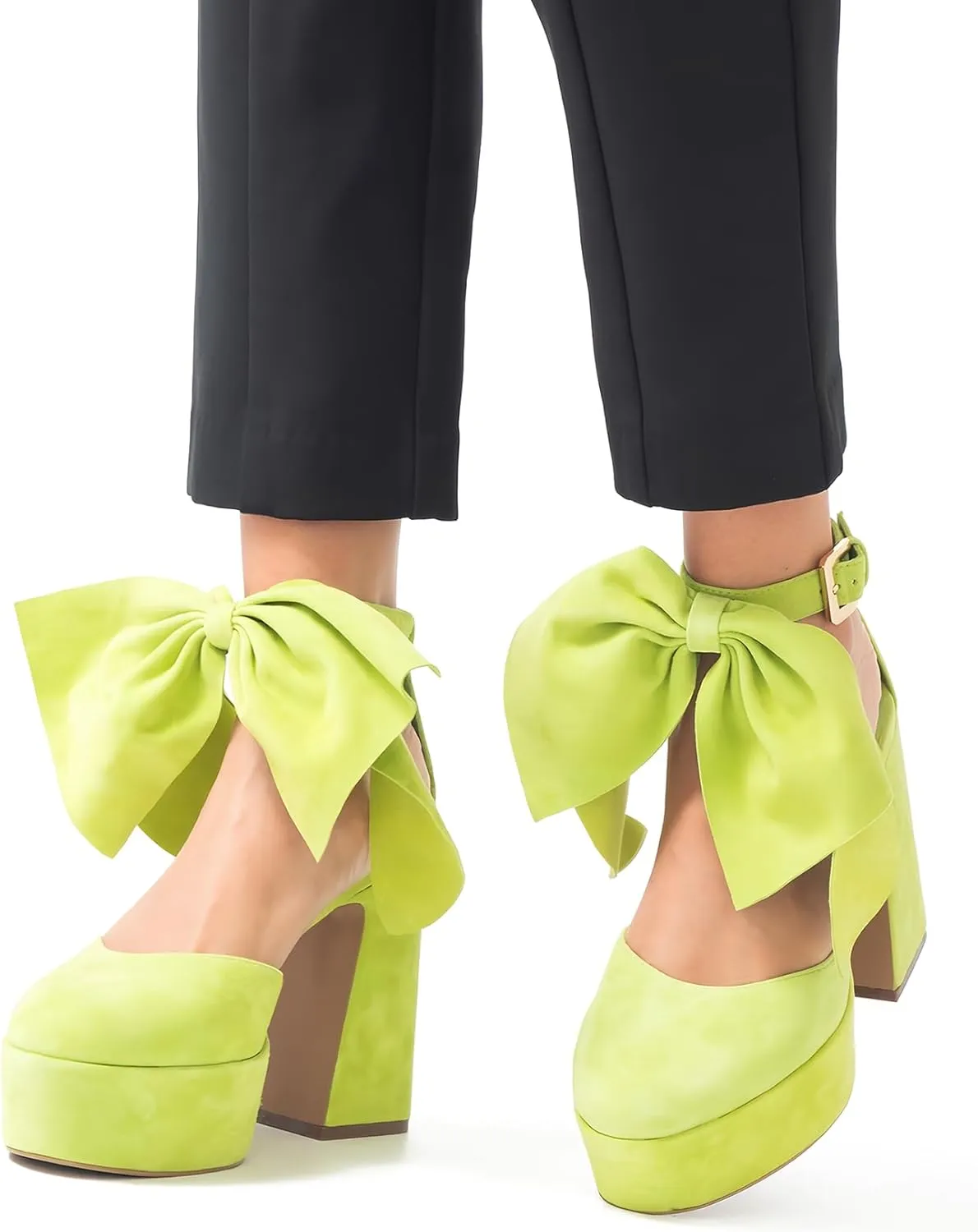 Platform Block Heel Sandals For Woman, Suede Bow Ankle Buckle High Heels, Round Toe Chunky Heeled Platform Sandals, Lovely Party Date Dress Heels For City Girls