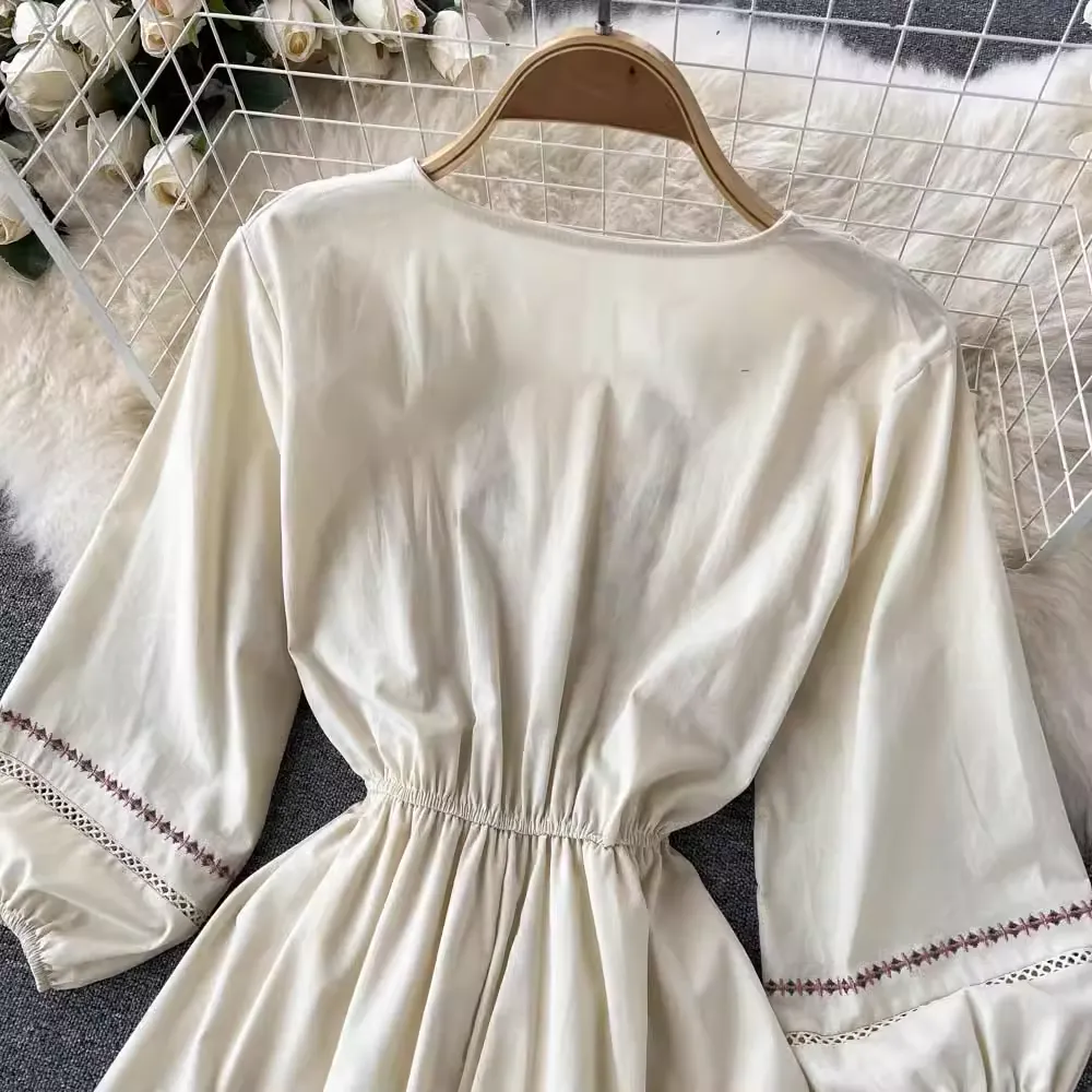 Retro Mid Length Embroidered Dress Elegant Long Skirt 1208