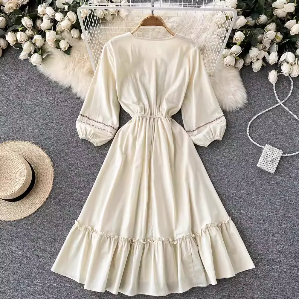 Retro Mid Length Embroidered Dress Elegant Long Skirt 1208