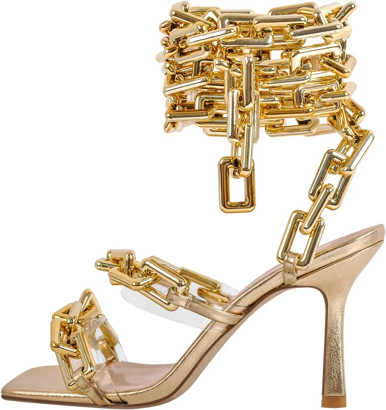 richealnini Strappy Sandals with Gold Chains for Women Square Toe Stiletto High Heels
