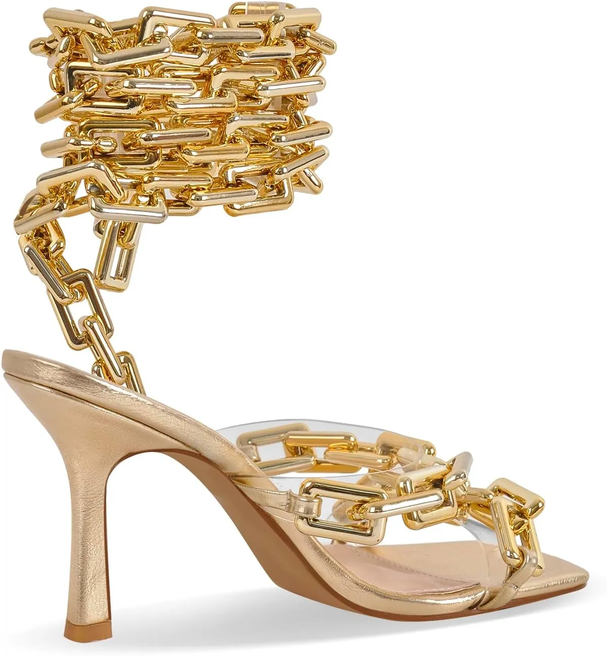 richealnini Strappy Sandals with Gold Chains for Women Square Toe Stiletto High Heels