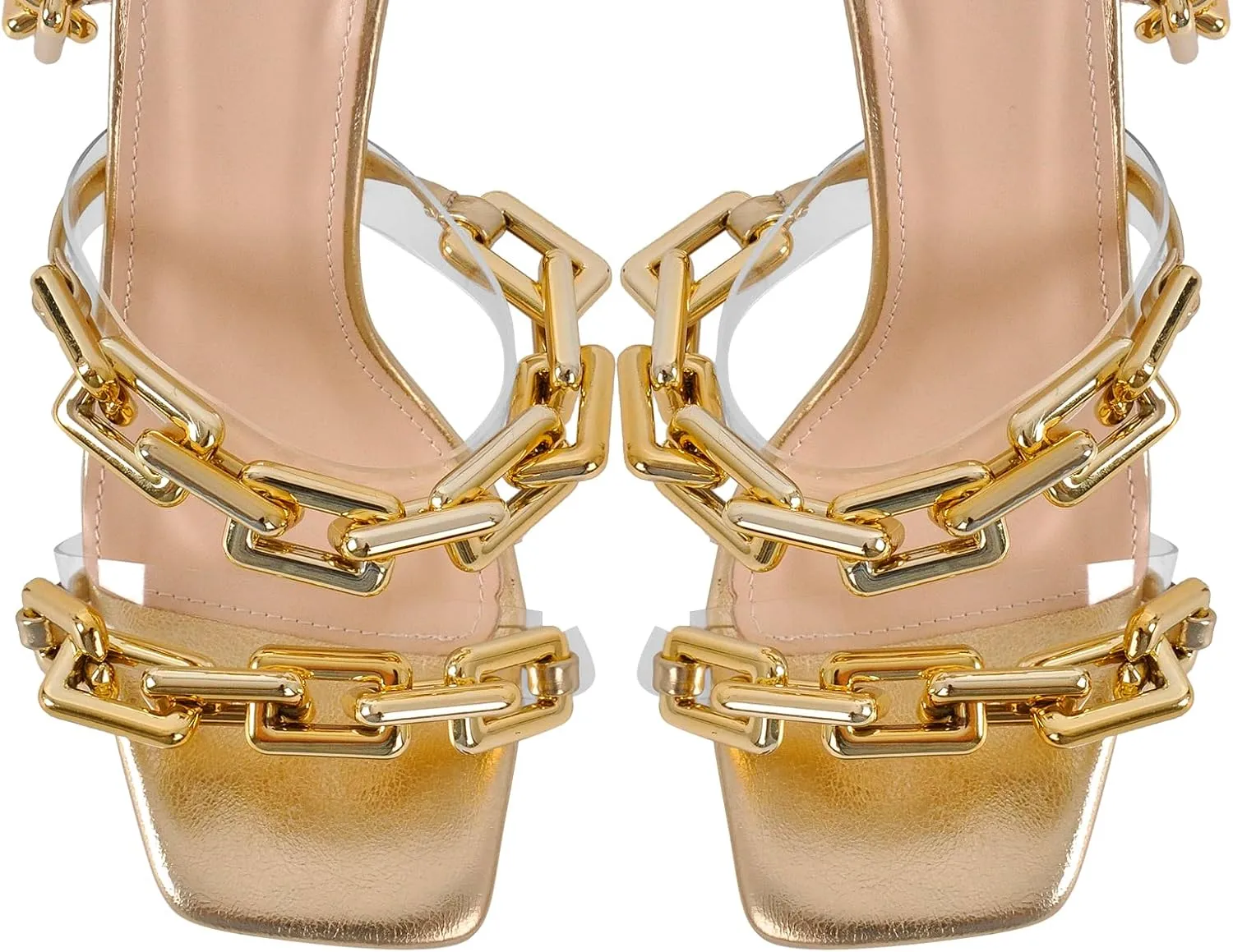 richealnini Strappy Sandals with Gold Chains for Women Square Toe Stiletto High Heels
