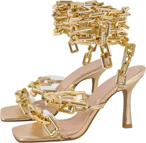 richealnini Strappy Sandals with Gold Chains for Women Square Toe Stiletto High Heels