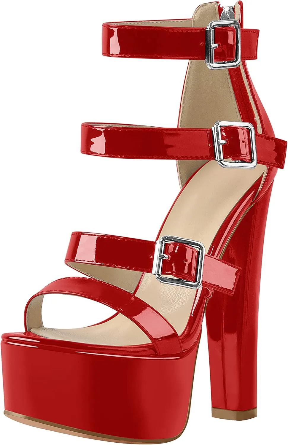richealnini Women's Sexy Platform Sandals Open Toe Block Chunky Heel Zipper Ankle Strap Party Shoes