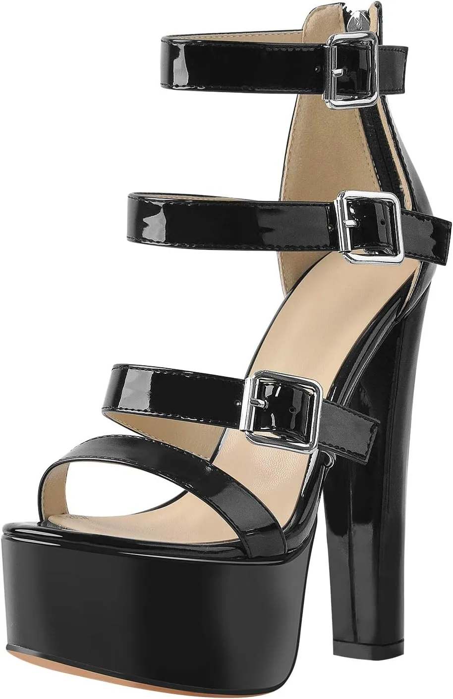 richealnini Women's Sexy Platform Sandals Open Toe Block Chunky Heel Zipper Ankle Strap Party Shoes