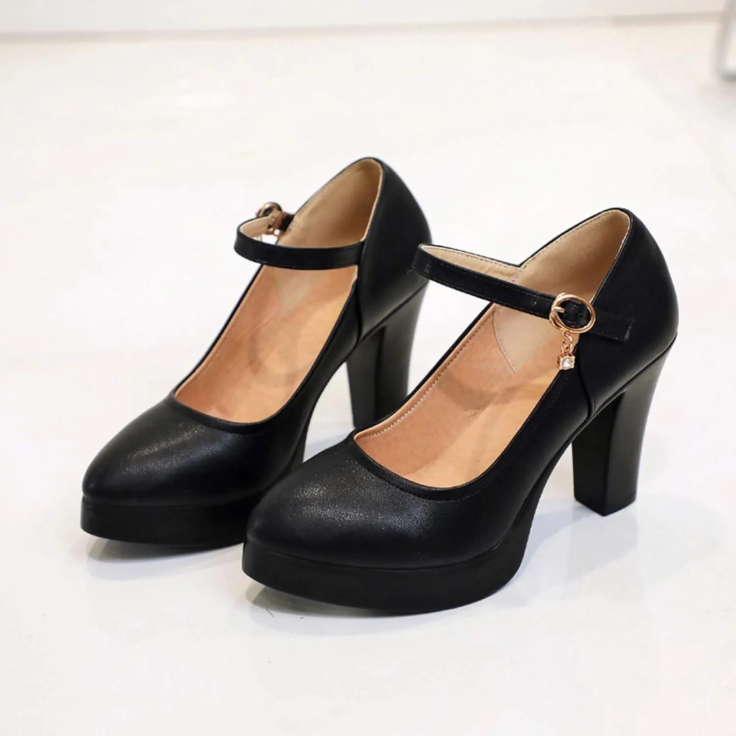 Rvidbe Black Pumps for Women Low Heel, Women's Chunky Low Heels Sandals Pointed Toe Belt Buckle Closed Toe Pumps Sandals