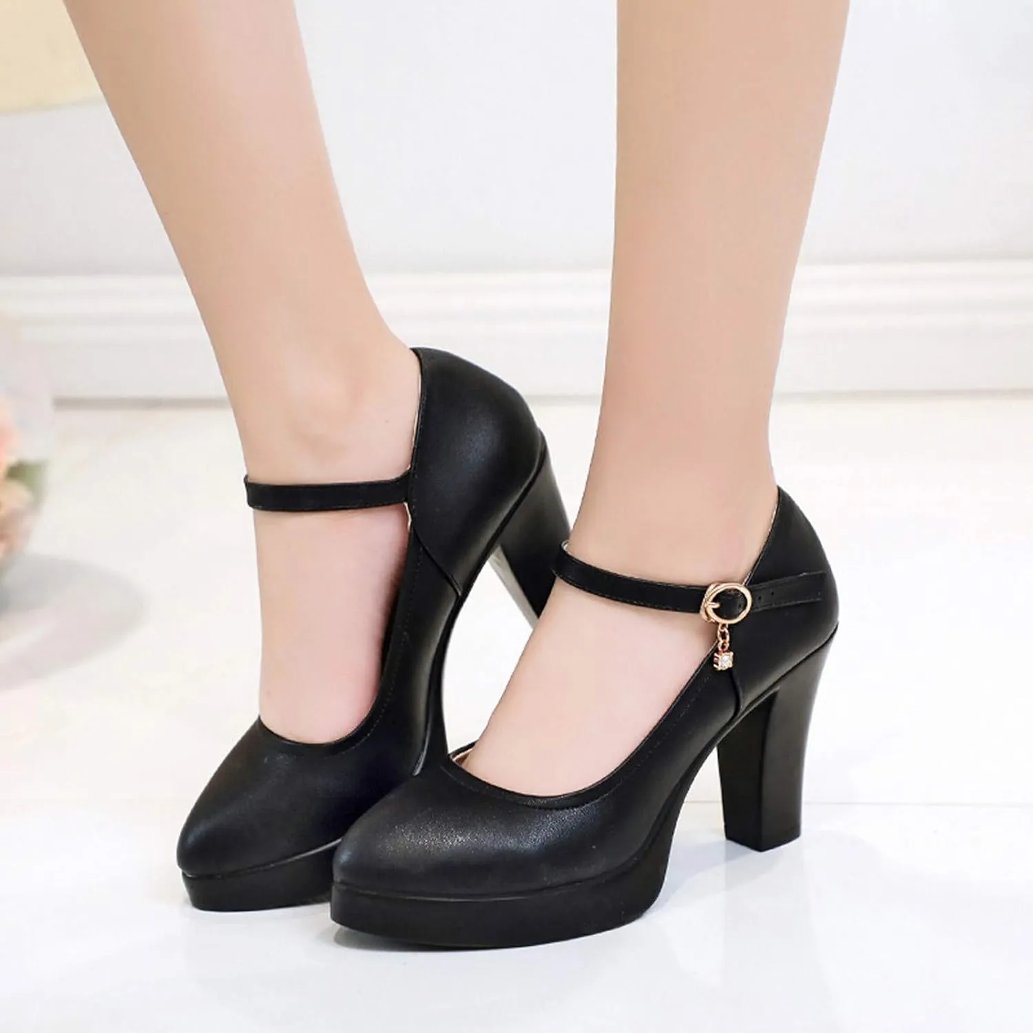 Rvidbe Black Pumps for Women Low Heel, Women's Chunky Low Heels Sandals Pointed Toe Belt Buckle Closed Toe Pumps Sandals