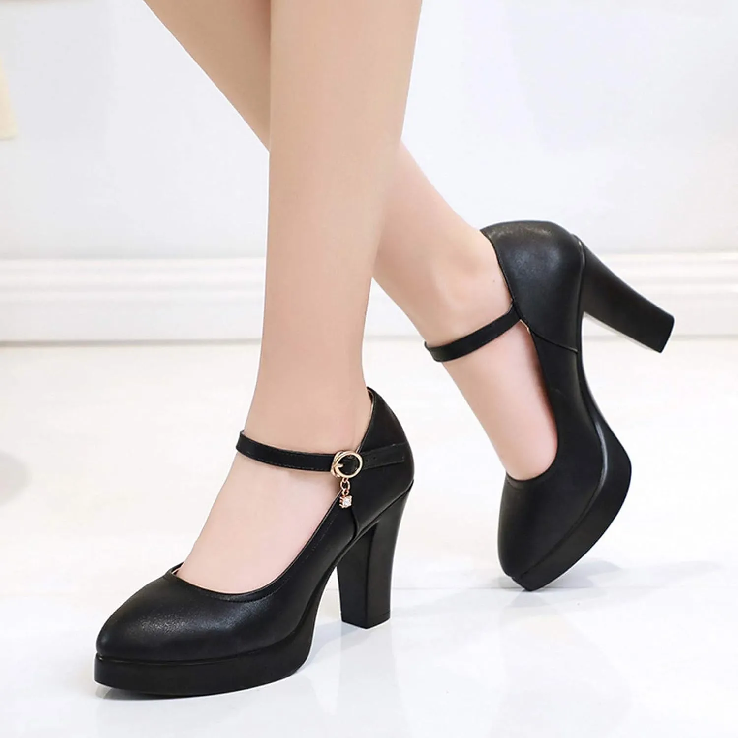 Rvidbe Black Pumps for Women Low Heel, Women's Chunky Low Heels Sandals Pointed Toe Belt Buckle Closed Toe Pumps Sandals