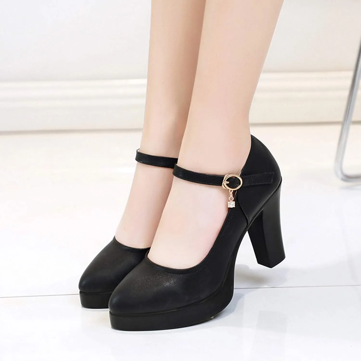 Rvidbe Black Pumps for Women Low Heel, Women's Chunky Low Heels Sandals Pointed Toe Belt Buckle Closed Toe Pumps Sandals