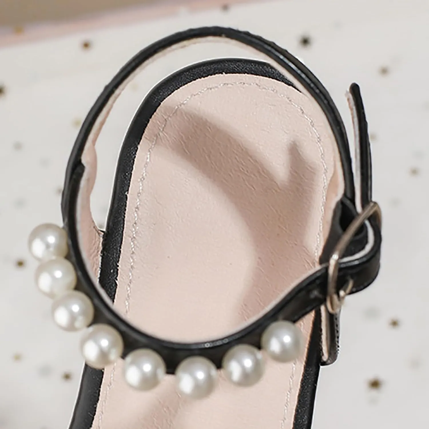 Sandals Baby Comfortable No Slip Girls Sandals Soft Sole Pearl Beach Shoes Lace Thick Heel Black Princess Shoes Girls Double Slip On Slide