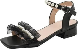 Sandals Baby Comfortable No Slip Girls Sandals Soft Sole Pearl Beach Shoes Lace Thick Heel Black Princess Shoes Girls Double Slip On Slide