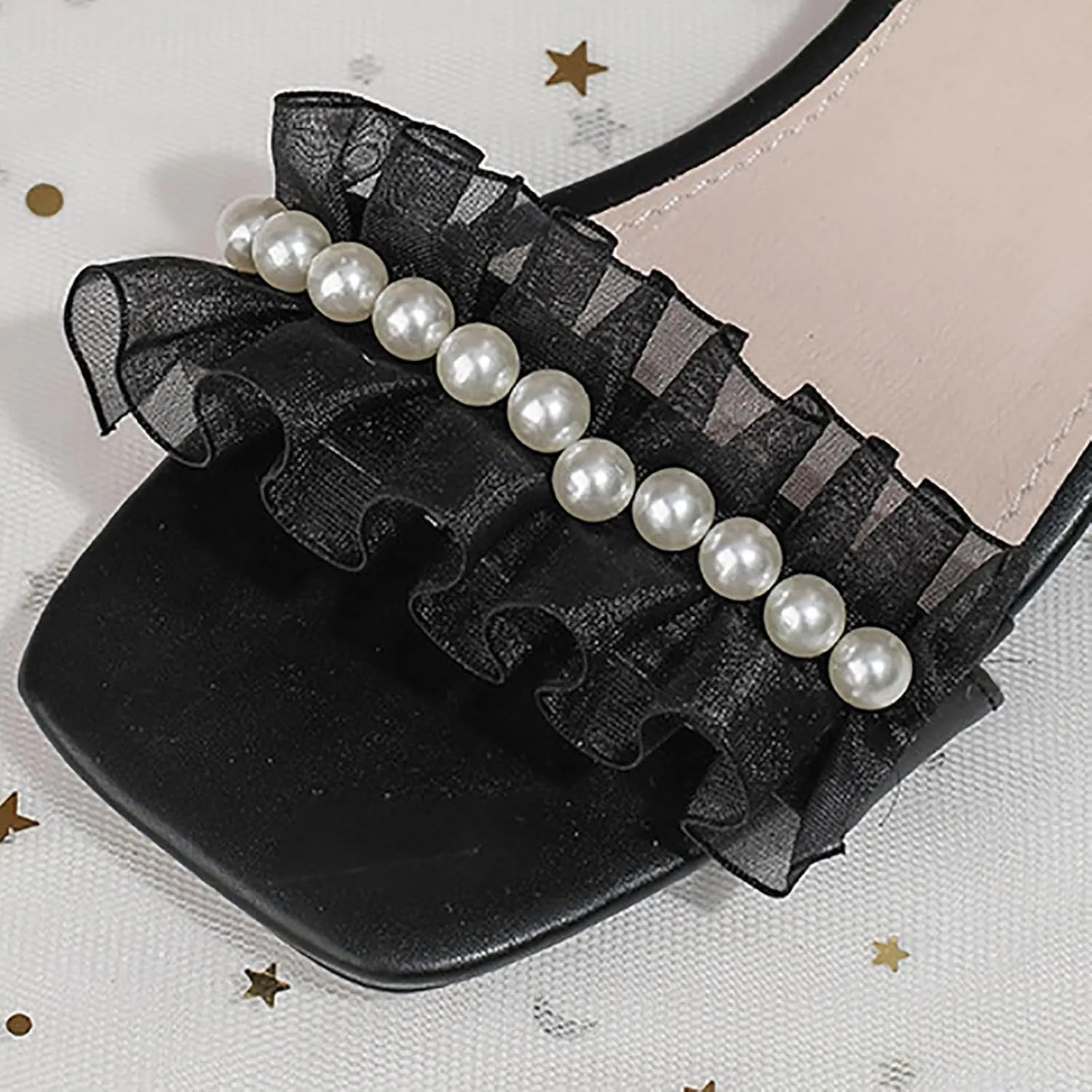 Sandals Baby Comfortable No Slip Girls Sandals Soft Sole Pearl Beach Shoes Lace Thick Heel Black Princess Shoes Girls Double Slip On Slide