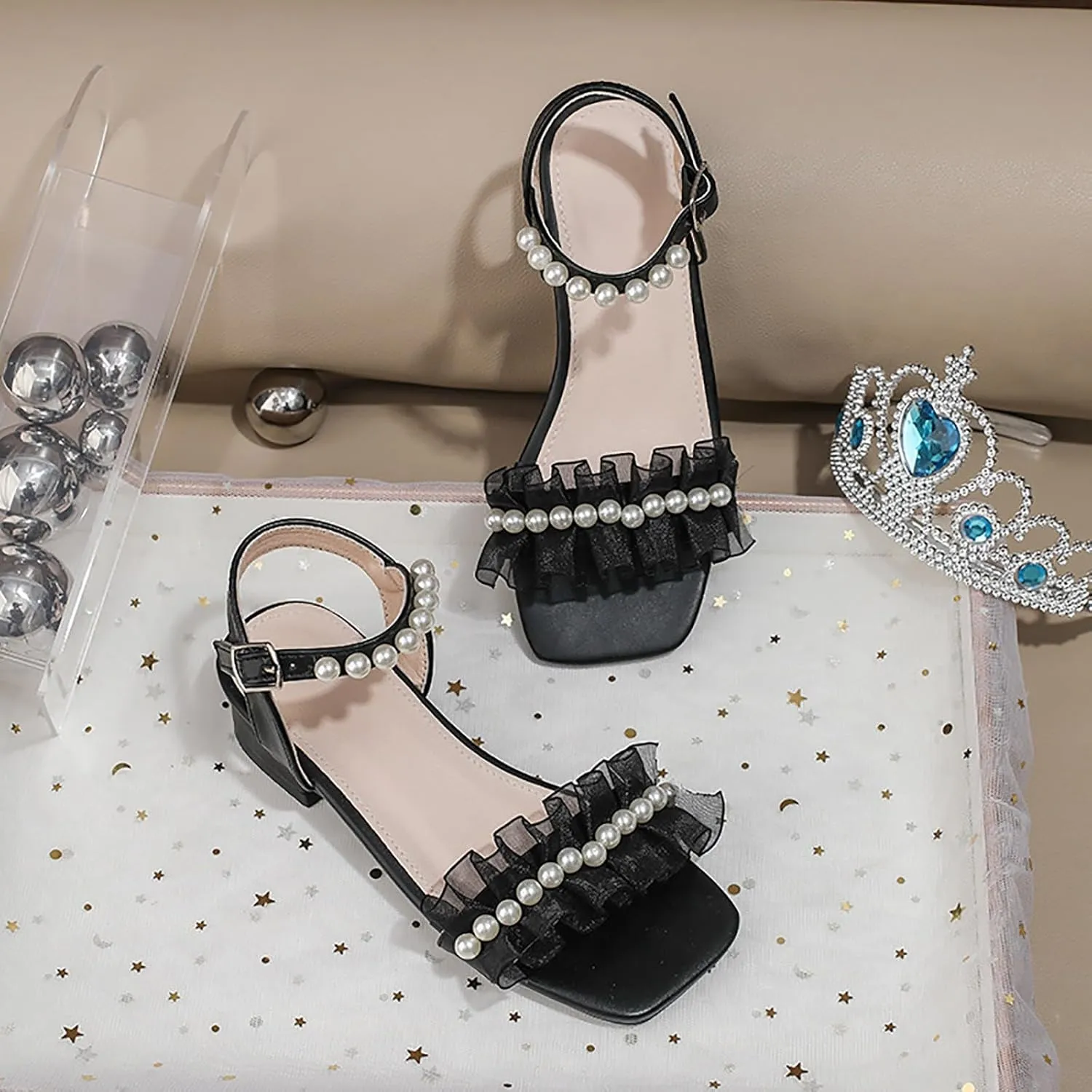 Sandals Baby Comfortable No Slip Girls Sandals Soft Sole Pearl Beach Shoes Lace Thick Heel Black Princess Shoes Girls Double Slip On Slide