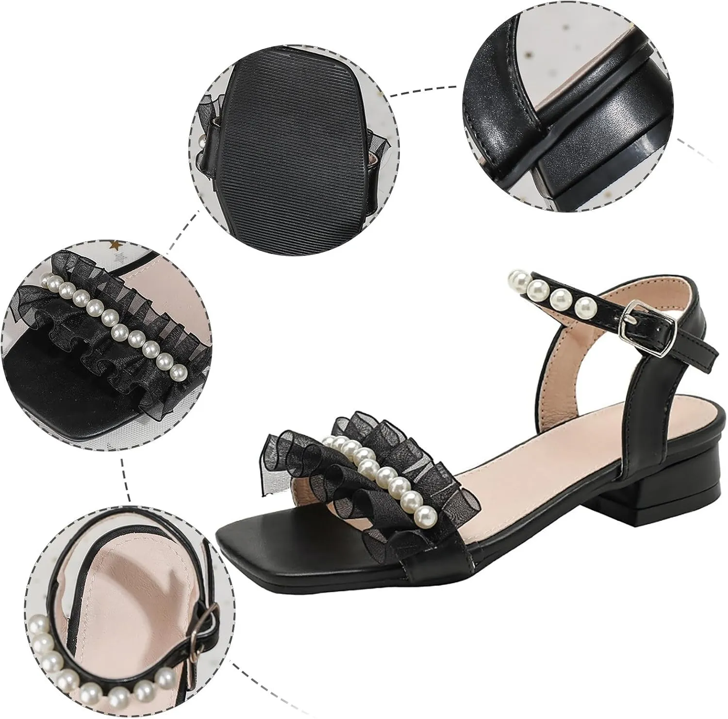 Sandals Baby Comfortable No Slip Girls Sandals Soft Sole Pearl Beach Shoes Lace Thick Heel Black Princess Shoes Girls Double Slip On Slide