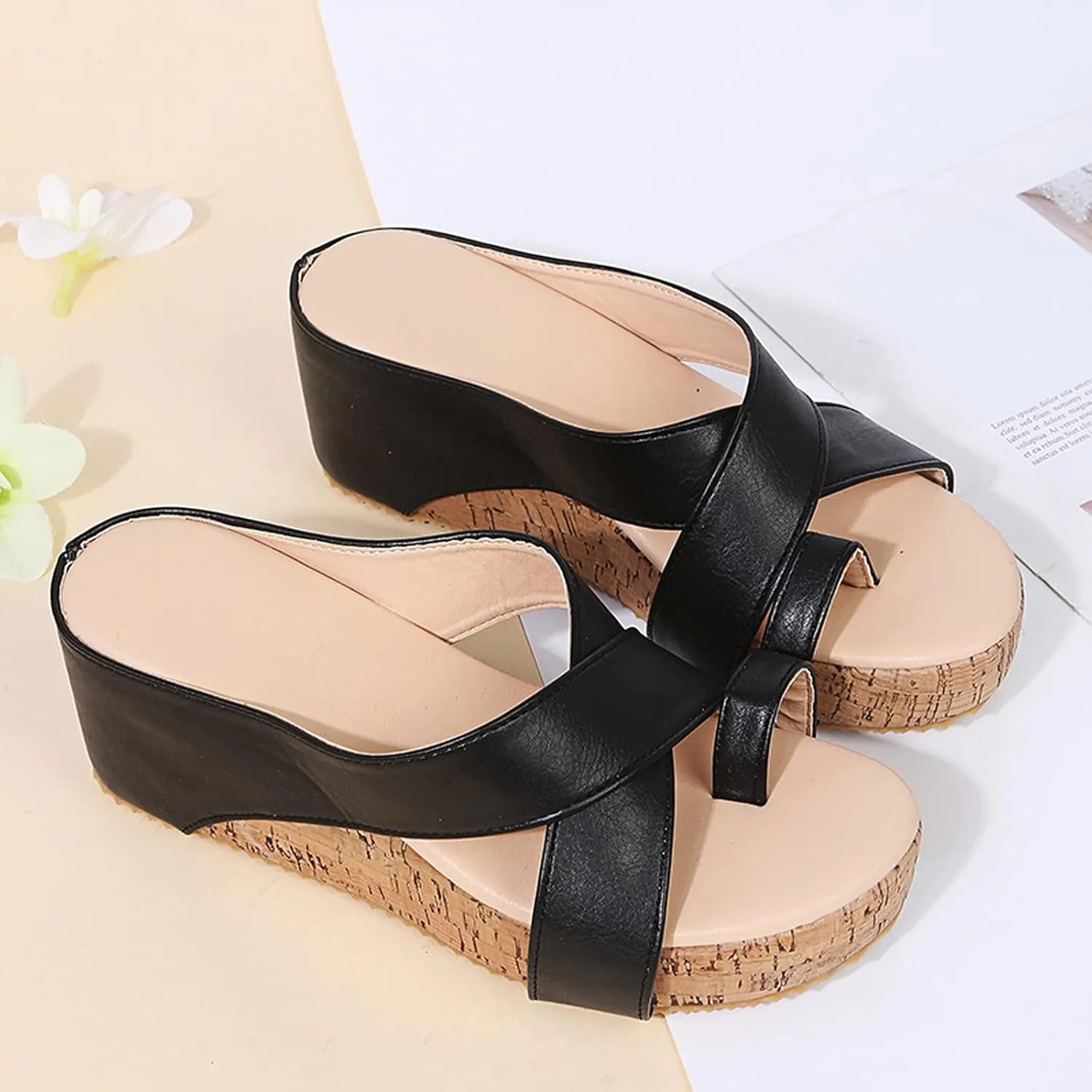 Sandals for Women Dress Beach Solid Breathable Sandals Wedges Shoes Color Slip-On Toe Casual Open Bridal Shoes Rose
