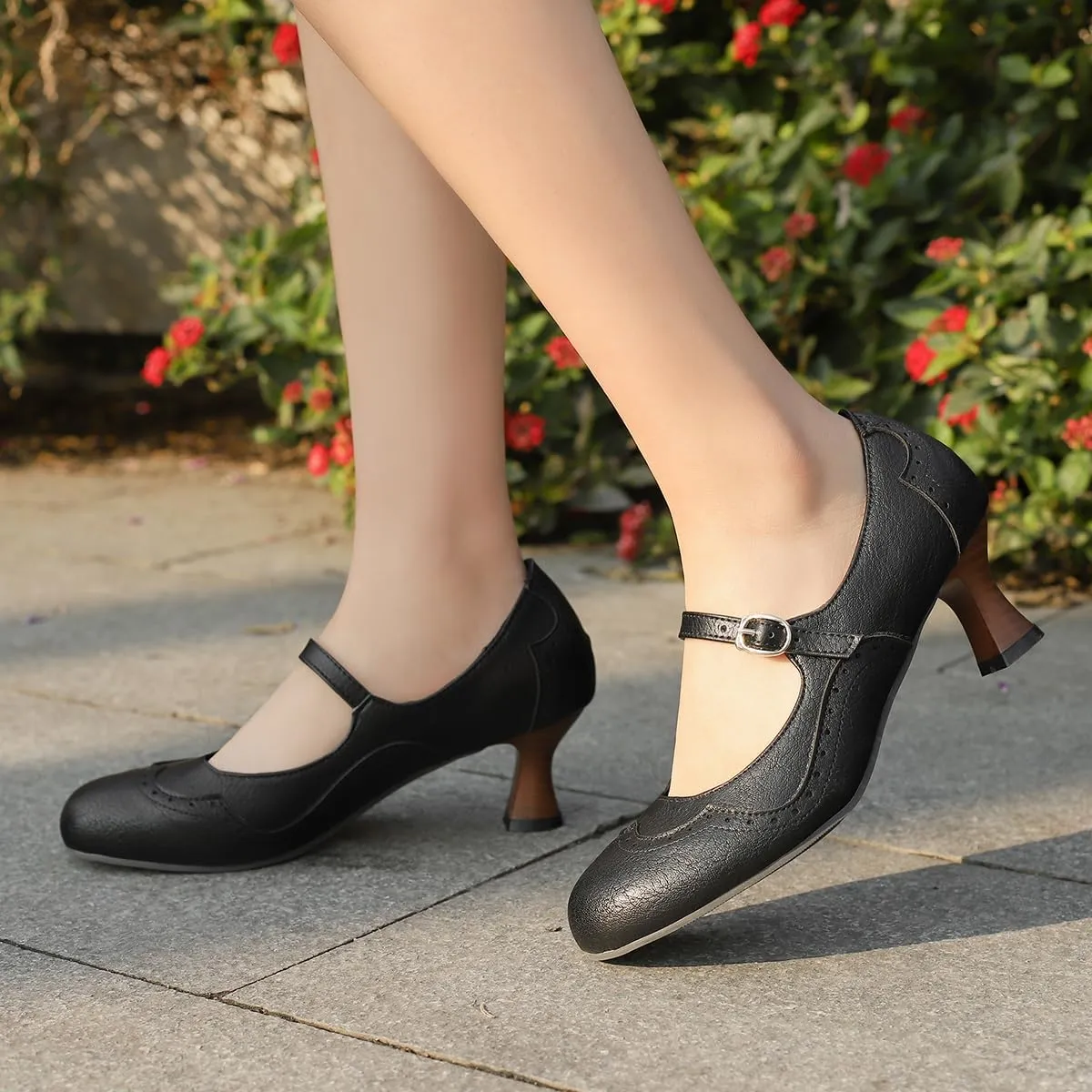 SHODENSE Women Kitten Heels Mary Jane Oxford Shoes Round Closed Toe Ankle Strap Dress Sandals Cutout Mid Block Heel Mary Jane Pumps Matte Criss-Cross Strappy Pumps Office Ladies Work Party 4-17 M US