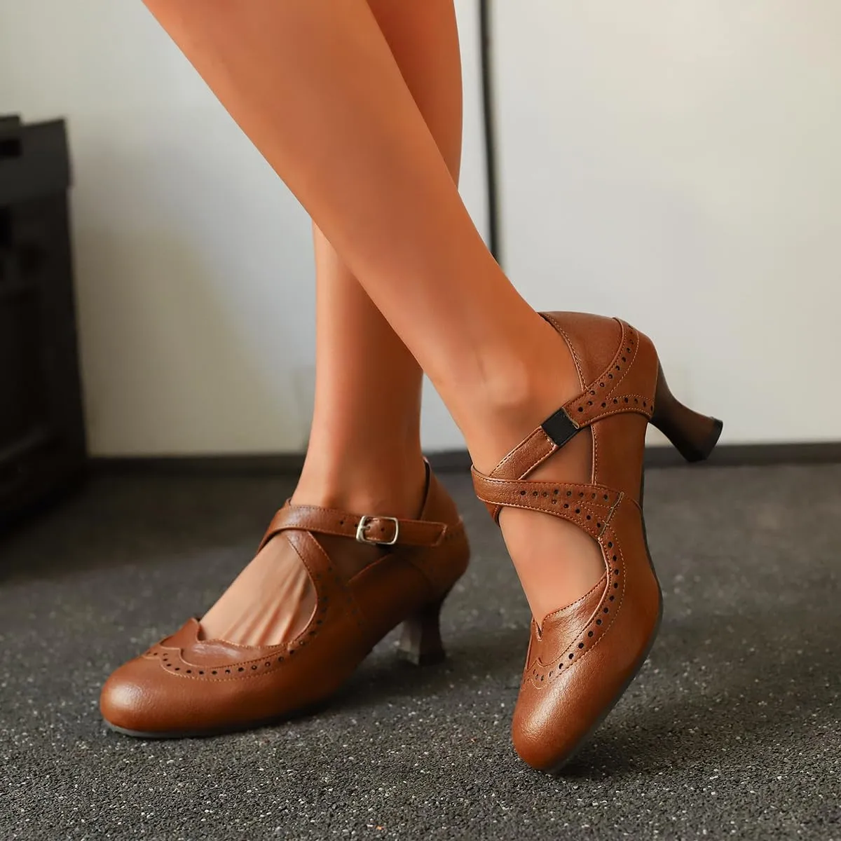 SHODENSE Women Kitten Heels Mary Jane Oxford Shoes Round Closed Toe Ankle Strap Dress Sandals Cutout Mid Block Heel Mary Jane Pumps Matte Criss-Cross Strappy Pumps Office Ladies Work Party 4-17 M US