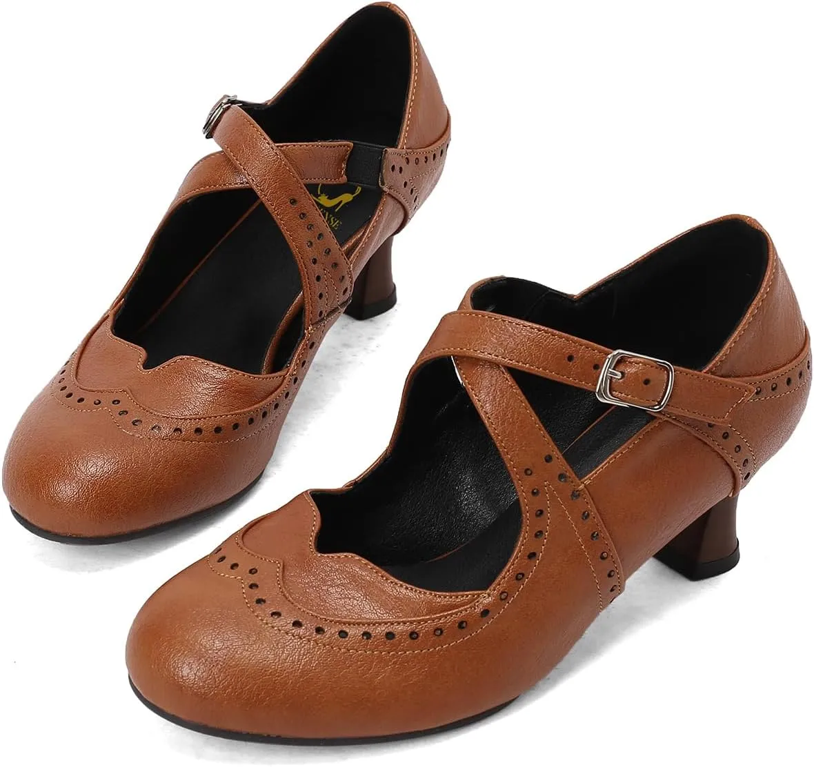 SHODENSE Women Kitten Heels Mary Jane Oxford Shoes Round Closed Toe Ankle Strap Dress Sandals Cutout Mid Block Heel Mary Jane Pumps Matte Criss-Cross Strappy Pumps Office Ladies Work Party 4-17 M US