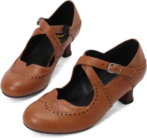 SHODENSE Women Kitten Heels Mary Jane Oxford Shoes Round Closed Toe Ankle Strap Dress Sandals Cutout Mid Block Heel Mary Jane Pumps Matte Criss-Cross Strappy Pumps Office Ladies Work Party 4-17 M US