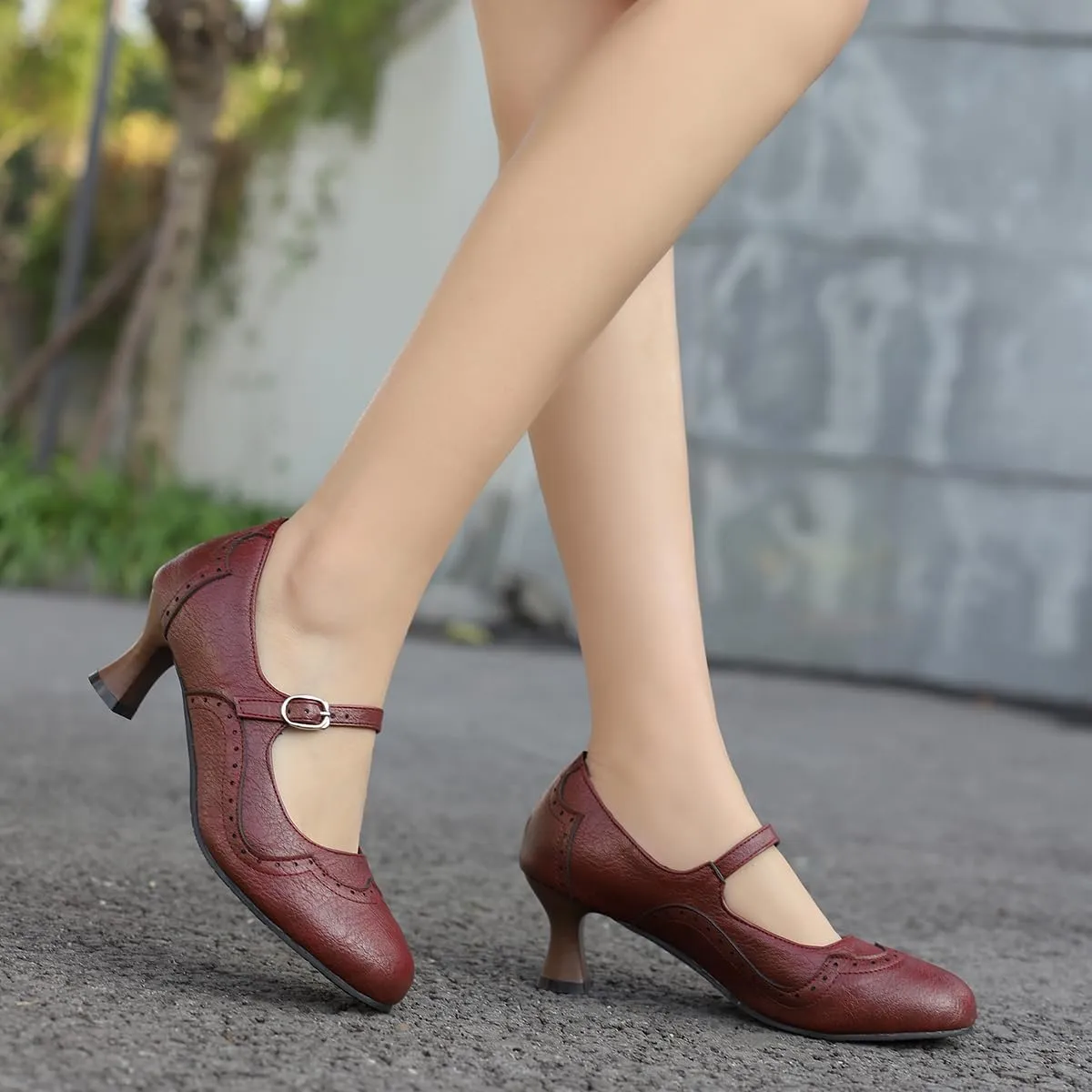 SHODENSE Women Kitten Heels Mary Jane Oxford Shoes Round Closed Toe Ankle Strap Dress Sandals Cutout Mid Block Heel Mary Jane Pumps Matte Criss-Cross Strappy Pumps Office Ladies Work Party 4-17 M US