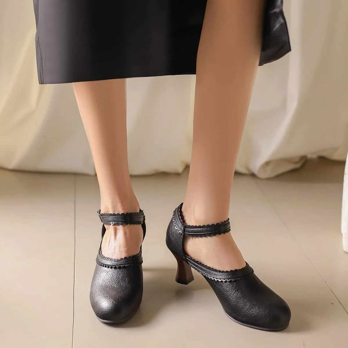 SHODENSE Women Kitten Heels Mary Jane Oxford Shoes Round Closed Toe Ankle Strap Dress Sandals Cutout Mid Block Heel Mary Jane Pumps Matte Criss-Cross Strappy Pumps Office Ladies Work Party 4-17 M US